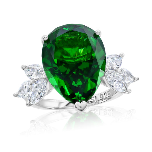 Suzy Levian Sterling Silver Gala Large Pear Shape Firework Green Cubic Zirconia Engagement Ring