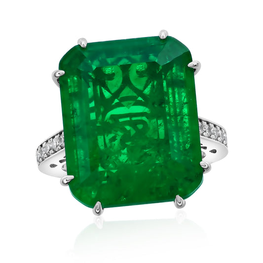 Suzy Levian Sterling Silver Gala Large Emerald Cut Green Cubic Zirconia Engagement Ring
