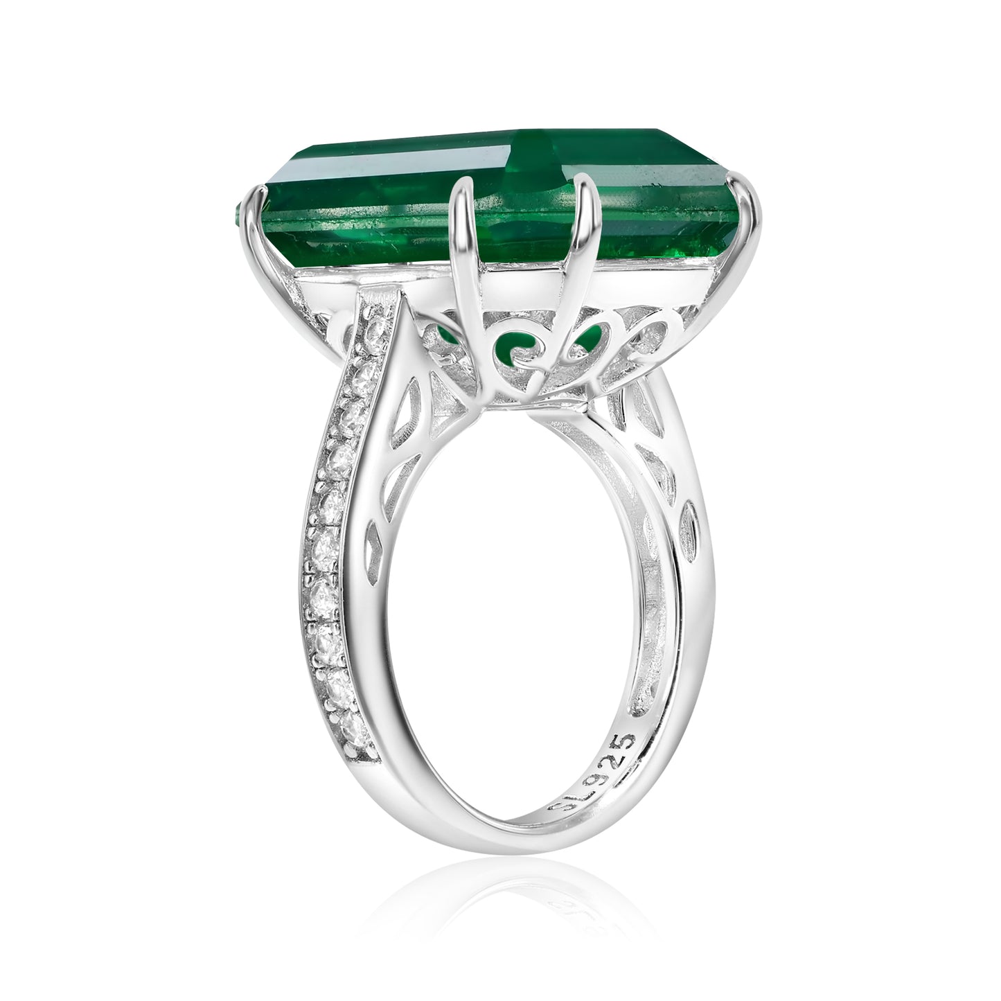 Suzy Levian Sterling Silver Gala Large Emerald Cut Green Cubic Zirconia Engagement Ring