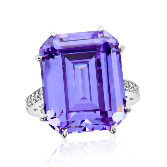 Suzy Levian Sterling Silver Gala Large Emerald Cut Firework Purple Cubic Zirconia Engagement Ring