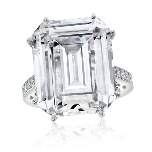 Suzy Levian Sterling Silver Gala Large Emerald Cut Firework White Cubic Zirconia Engagement Ring