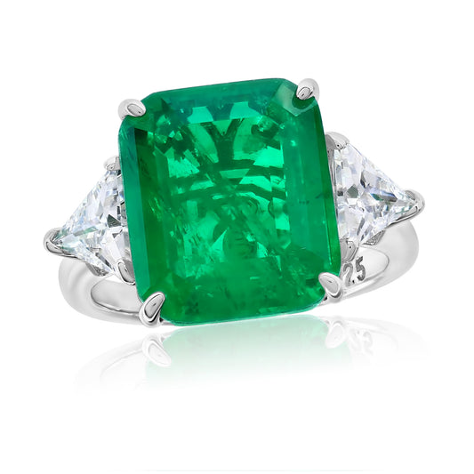 Suzy Levian Sterling Silver Gala Large Emerald Cut Green Cubic Zirconia Engagement Ring