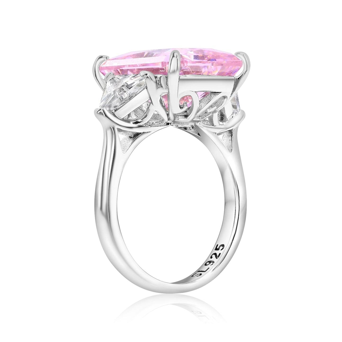 Suzy Levian Sterling Silver Gala Firework Emerald Cut Pink Cubic Zirconia Engagement Ring