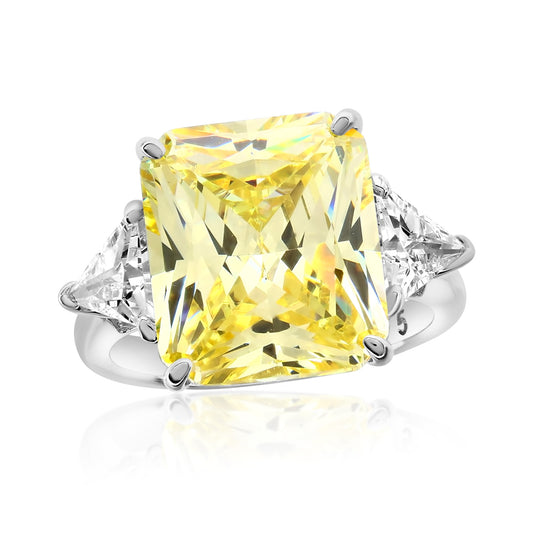 Suzy Levian Sterling Silver Gala Firework Emerald Cut Yellow Cubic Zirconia Engagement Ring