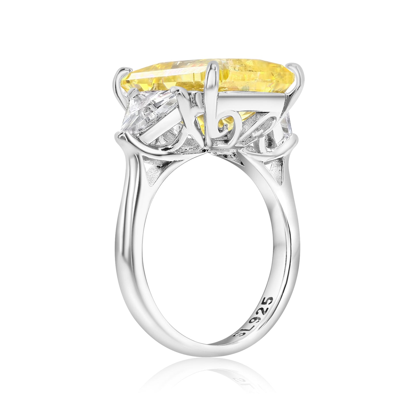 Suzy Levian Sterling Silver Gala Firework Emerald Cut Yellow Cubic Zirconia Engagement Ring