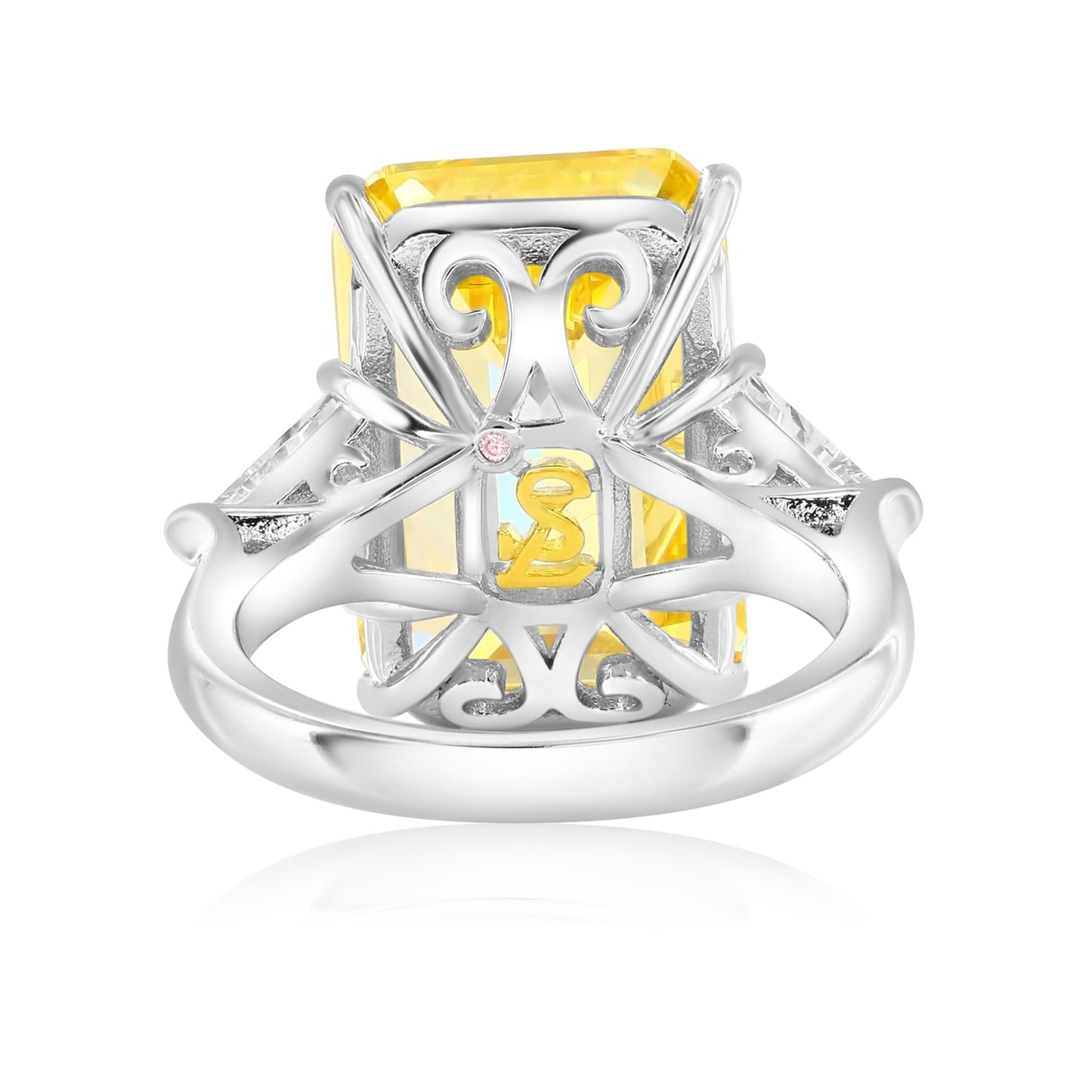 Suzy Levian Sterling Silver Gala Firework Elongated Emerald Cut Yellow Cubic Zirconia Engagement Ring