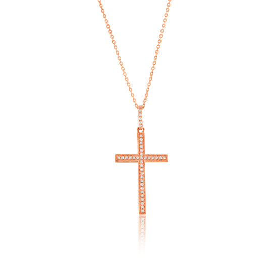 Suzy Levian 14k Rose Gold .08 cttw White Diamond Pave Cross Pendant Necklace