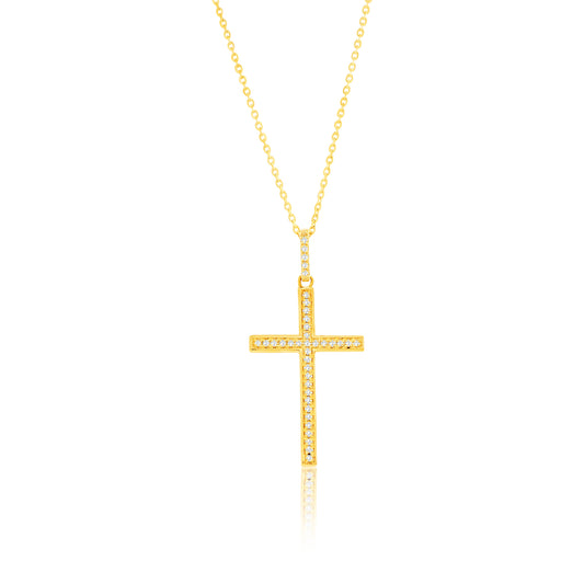 Suzy Levian 14k Yellow Gold .08 cttw White Diamond Pave Cross Pendant Necklace