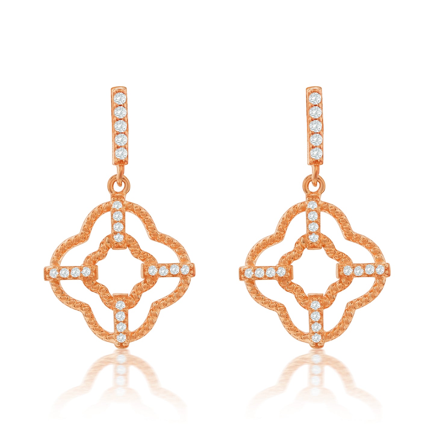 Suzy Levian Rose Sterling Silver White Cubic Zirconia Trellis Filigree Drop Dangle Earrings