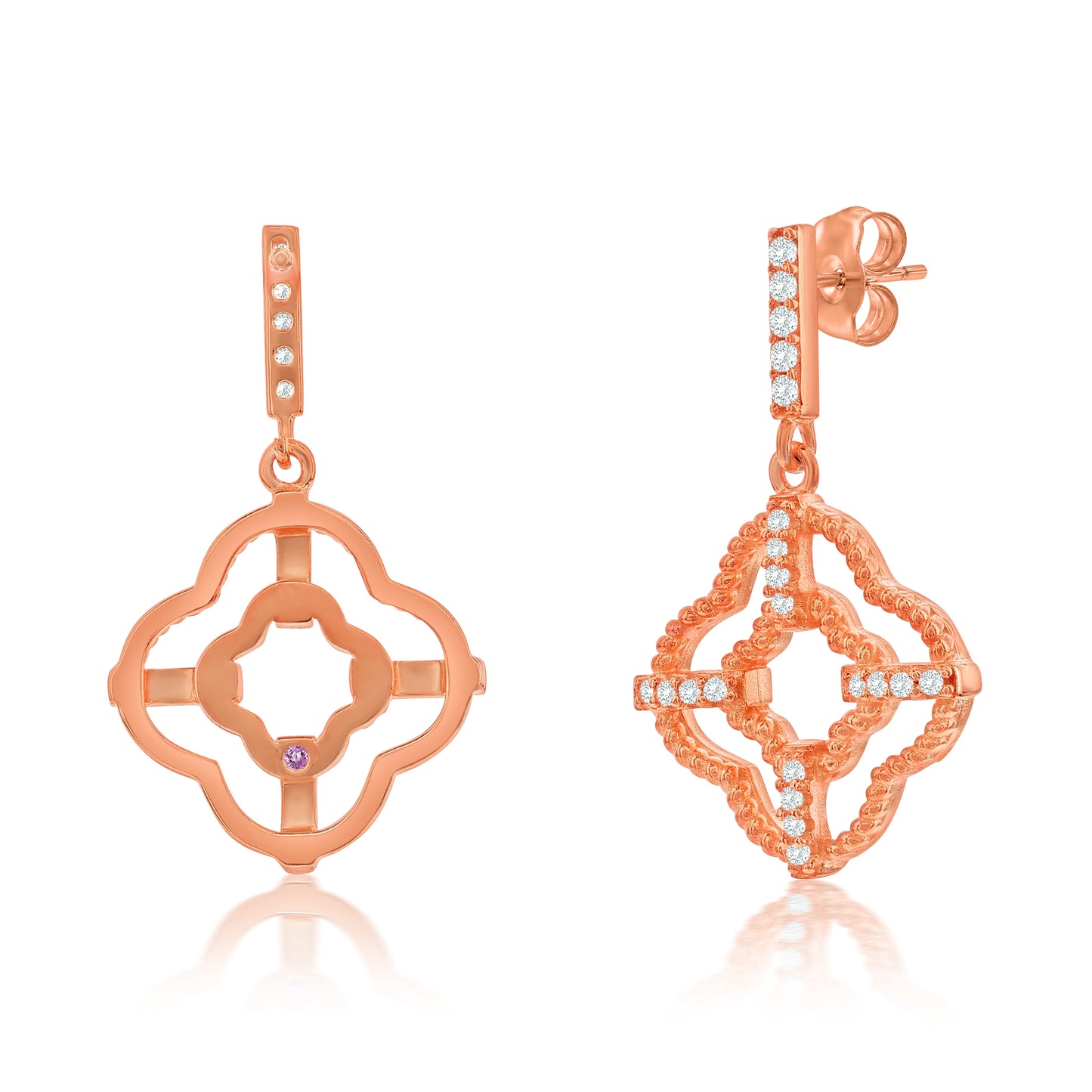 Suzy Levian Rose Sterling Silver White Cubic Zirconia Trellis Filigree Drop Dangle Earrings