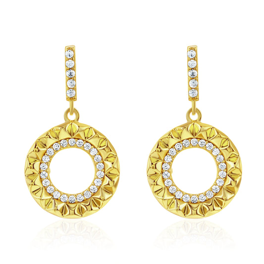 Suzy Levian Yellow Sterling Silver White Cubic Zirconia Circle Pointed Sunburst Drop Earrings