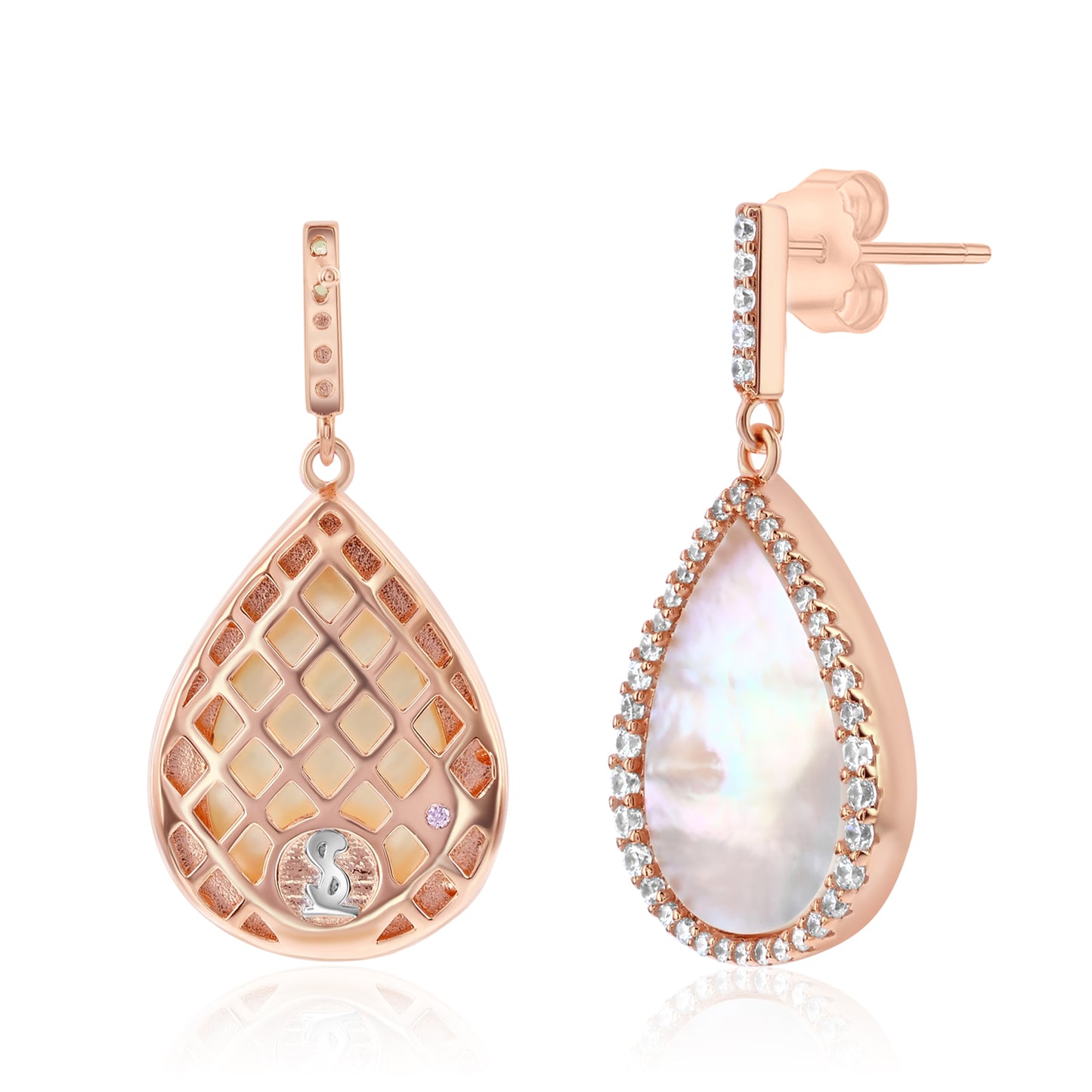 Suzy Levian Rose Sterling Silver White Cubic Zirconia Teardrop Mother of Pearl Dangle Earrings