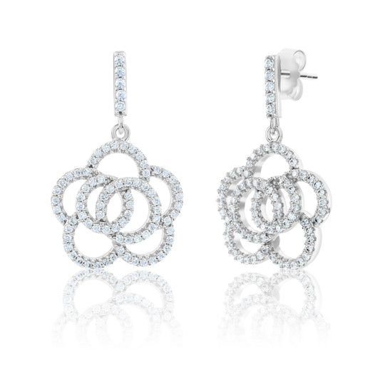 Suzy Levian Sterling Silver White Cubic Zirconia Pave Flower Drop Earrings