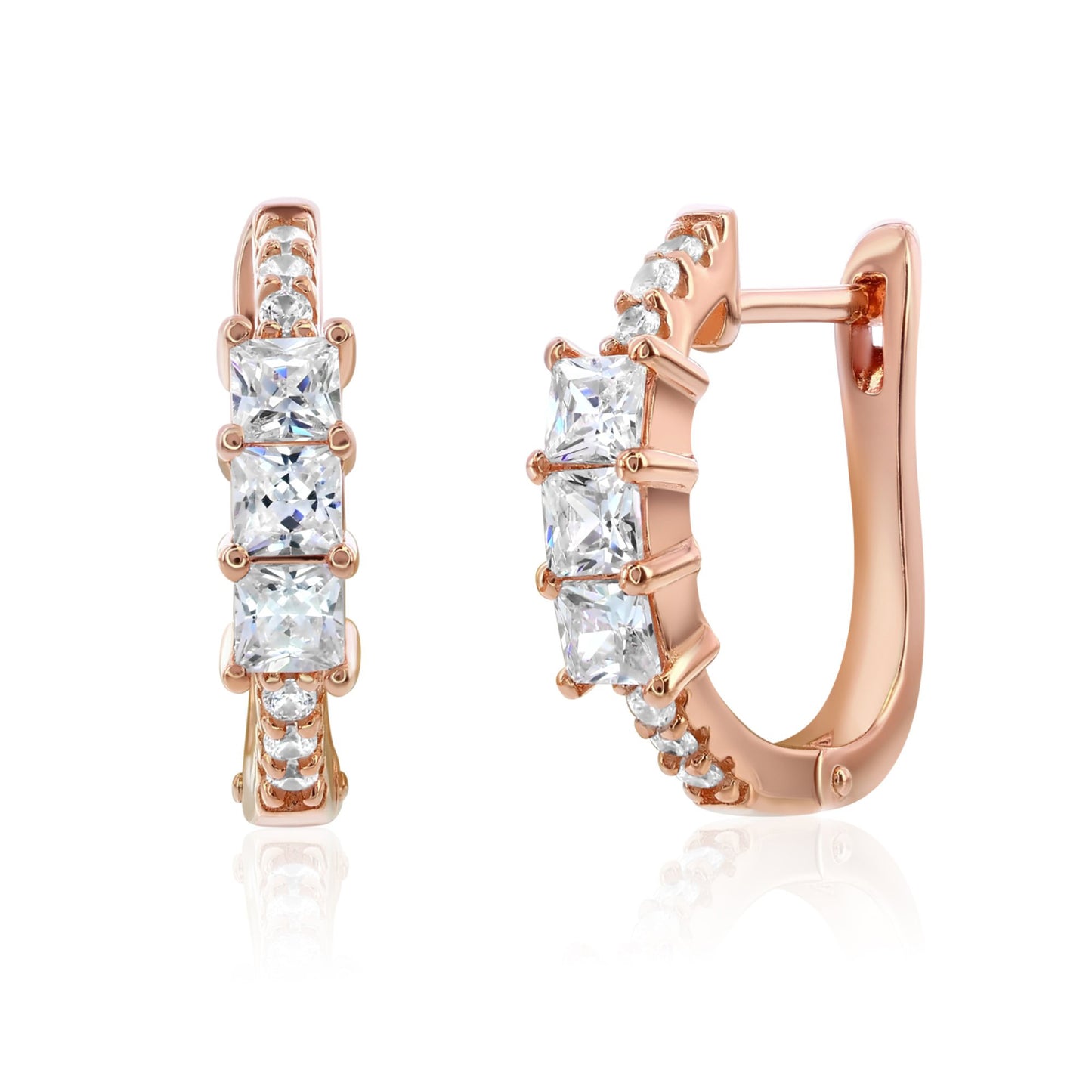 Suzy Levian Rose Sterling Silver & White Cubic Zirconia Pave Princess Cut Huggie Hoop Earrings