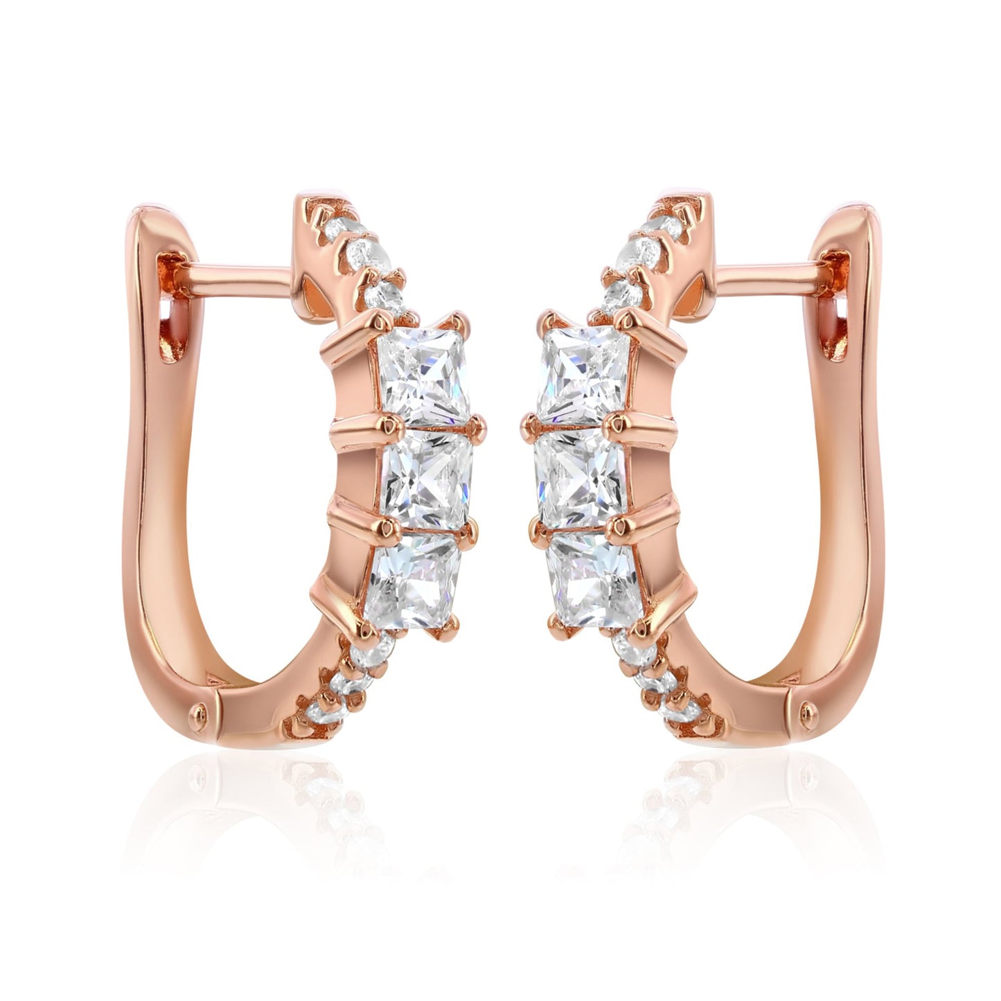 Suzy Levian Rose Sterling Silver & White Cubic Zirconia Pave Princess Cut Huggie Hoop Earrings