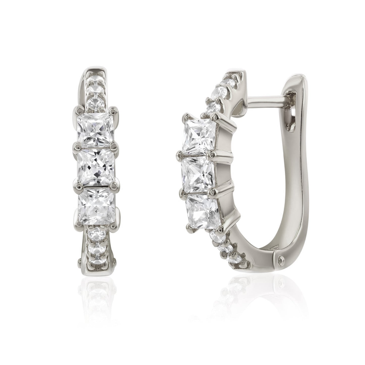 Suzy Levian White Sterling Silver & White Cubic Zirconia Pave Princess Cut Huggie Hoop Earrings