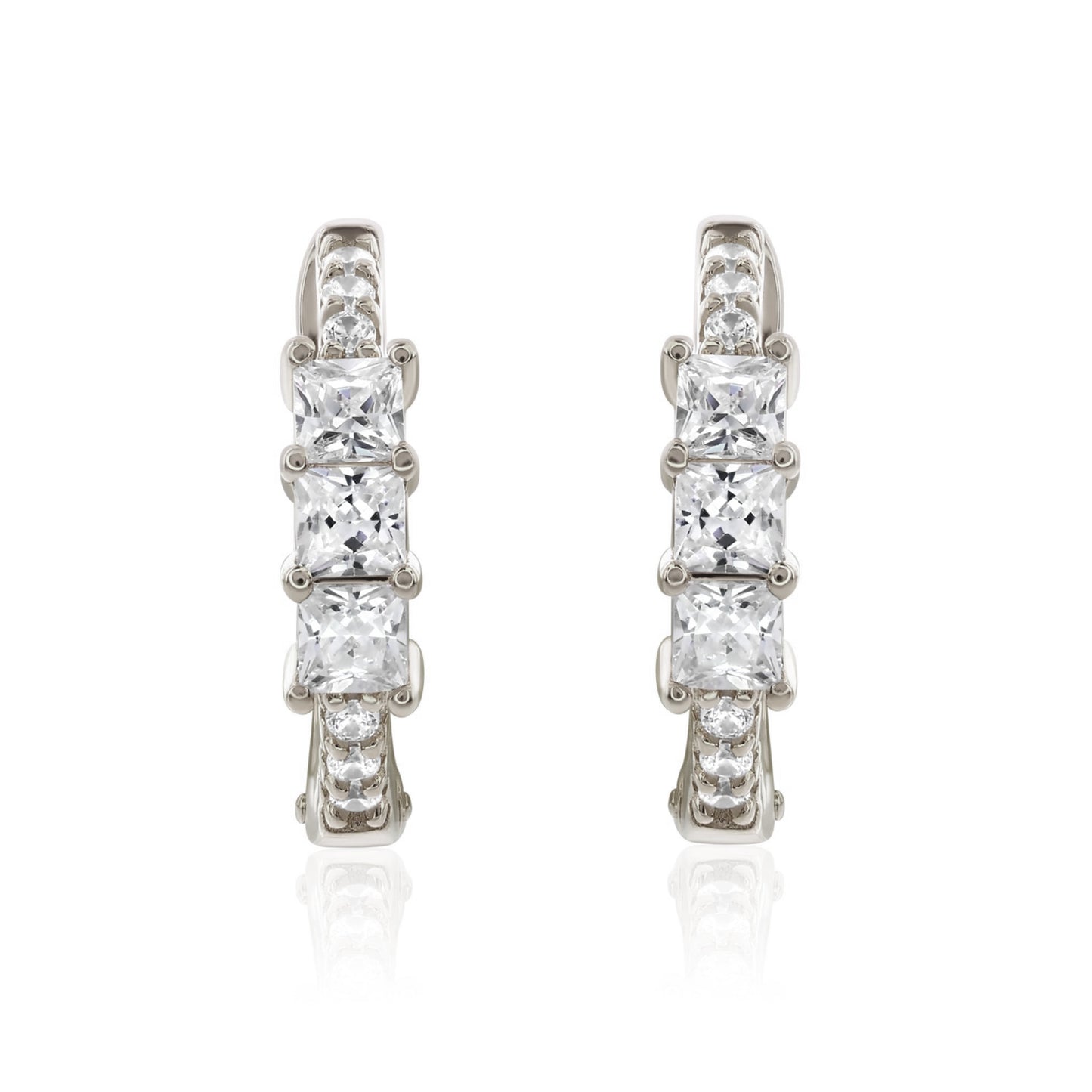 Suzy Levian White Sterling Silver & White Cubic Zirconia Pave Princess Cut Huggie Hoop Earrings