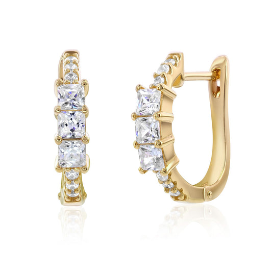 Suzy Levian Yellow Sterling Silver & White Cubic Zirconia Pave Princess Cut Huggie Hoop Earrings