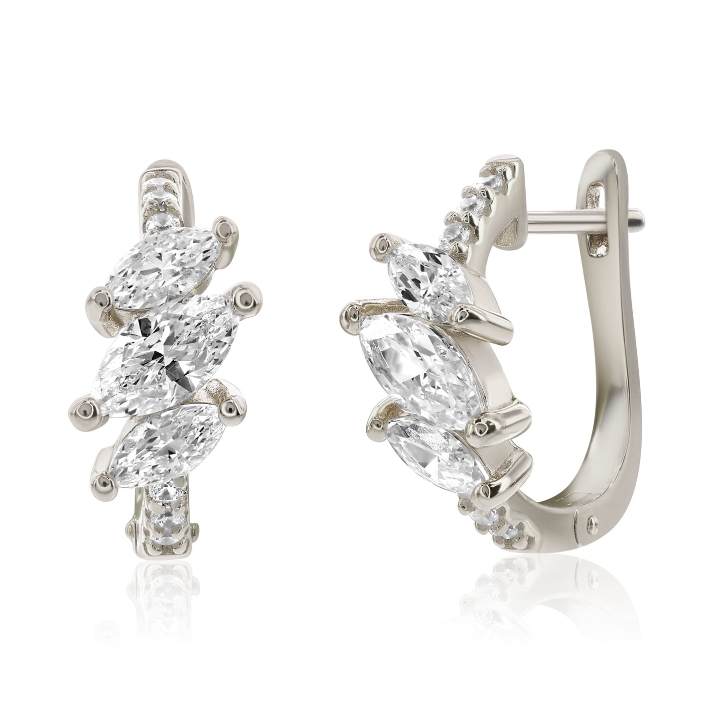 Suzy Levian White Sterling Silver & White Cubic Zirconia Pave Marquise Cut Huggie Hoop Earrings