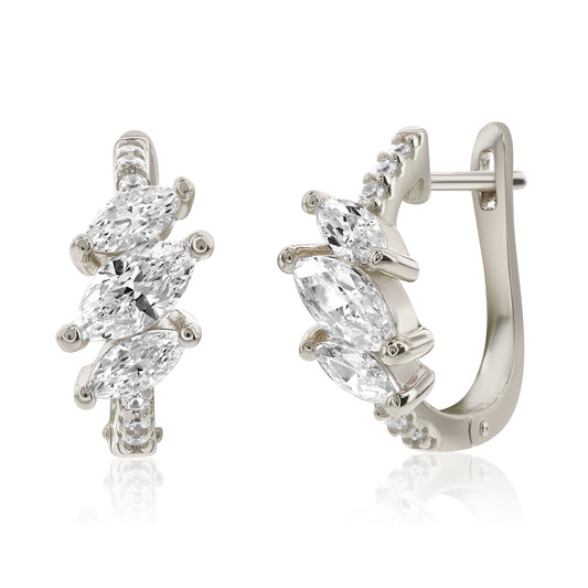 Suzy Levian White Sterling Silver & White Cubic Zirconia Pave Marquise Cut Huggie Hoop Earrings