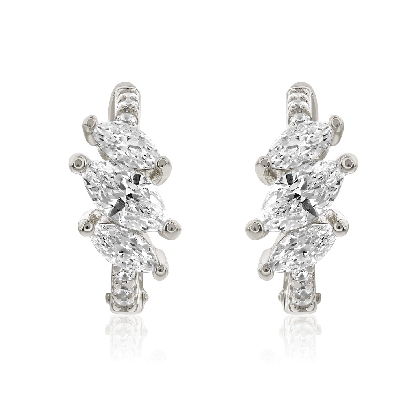 Suzy Levian White Sterling Silver & White Cubic Zirconia Pave Marquise Cut Huggie Hoop Earrings