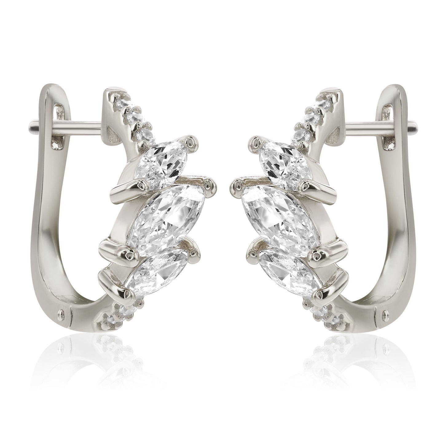Suzy Levian White Sterling Silver & White Cubic Zirconia Pave Marquise Cut Huggie Hoop Earrings