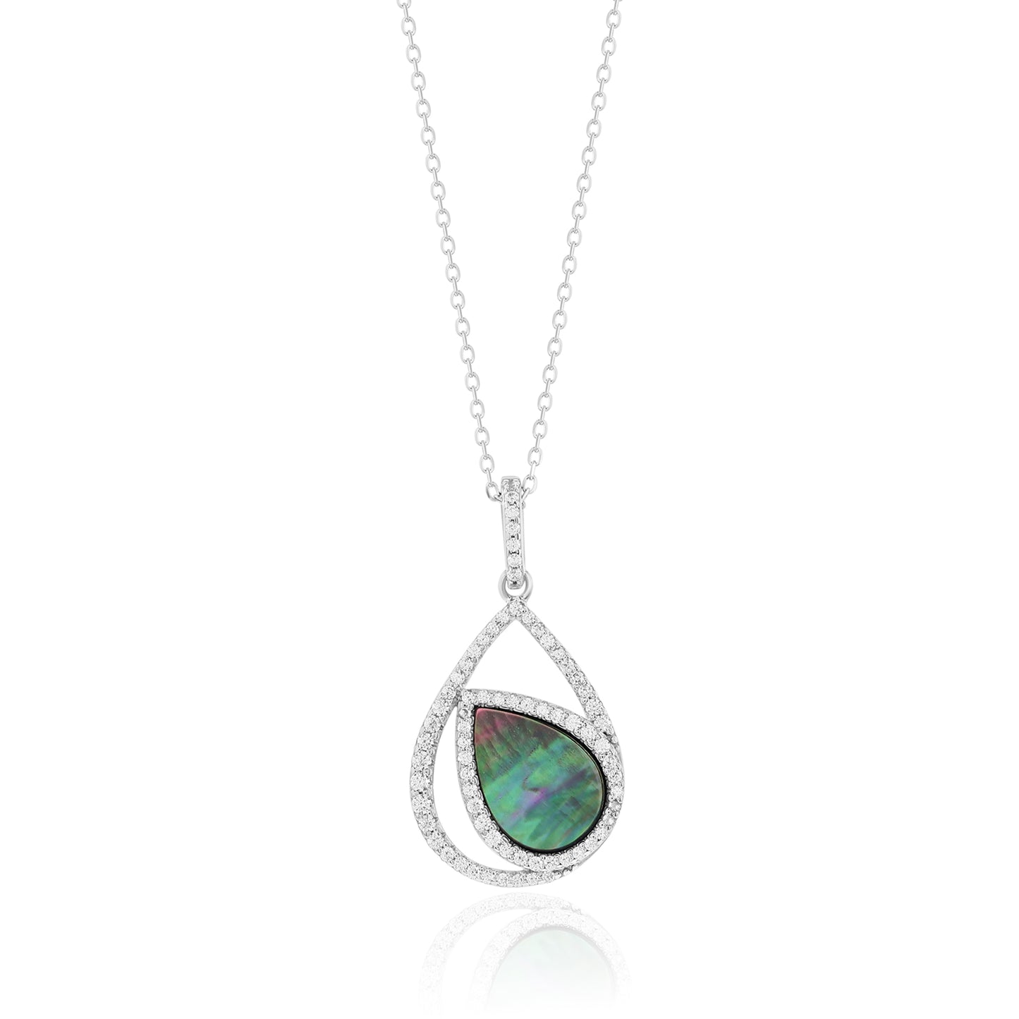 Suzy Levian White Sterling Silver White Cubic Zirconia Double Teardrop Black Mother of Pearl Pendant