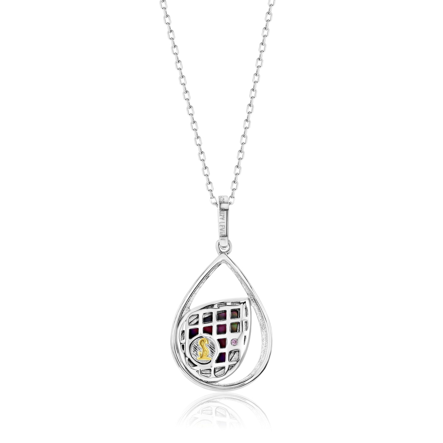 Suzy Levian White Sterling Silver White Cubic Zirconia Double Teardrop Black Mother of Pearl Pendant