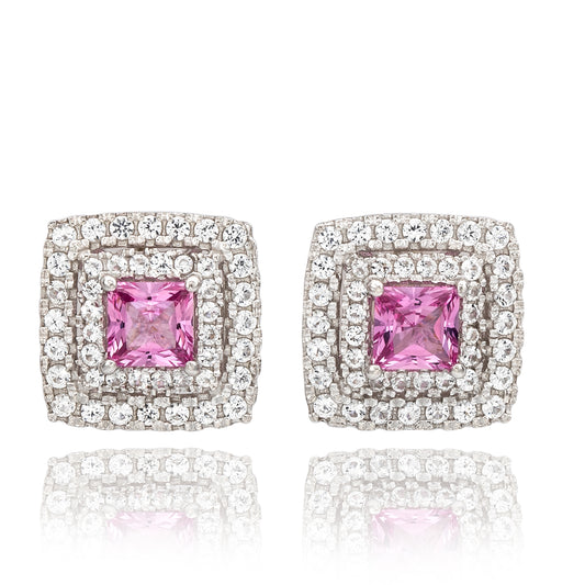 Suzy Levian Sterling Silver Square Cut Pink Sapphire & Created White Sapphire Double Halo Stud Earrings