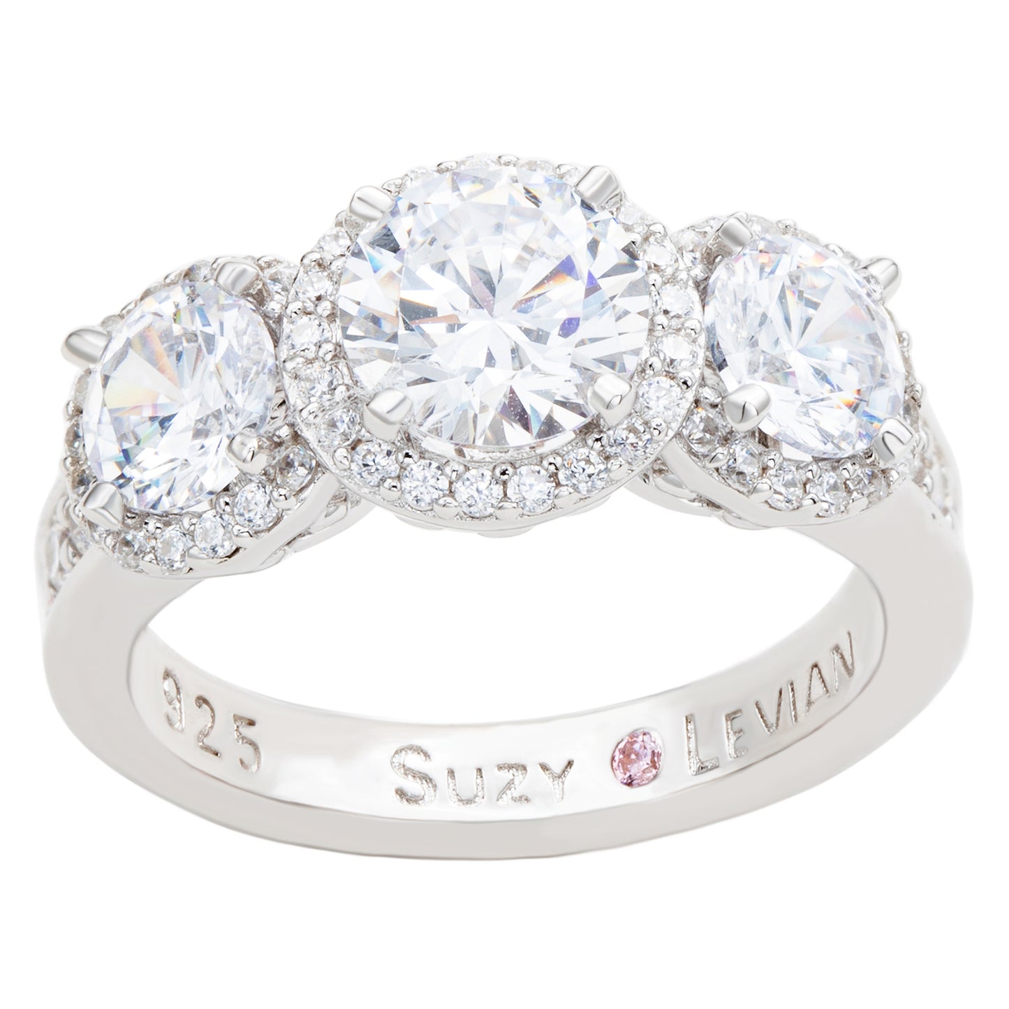 Suzy Levian Sterling Silver Cubic Zirconia White Three Stones Halo Engagement Ring