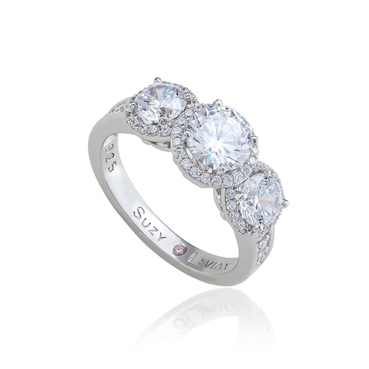 Suzy Levian Sterling Silver Cubic Zirconia White Three Stones Halo Engagement Ring