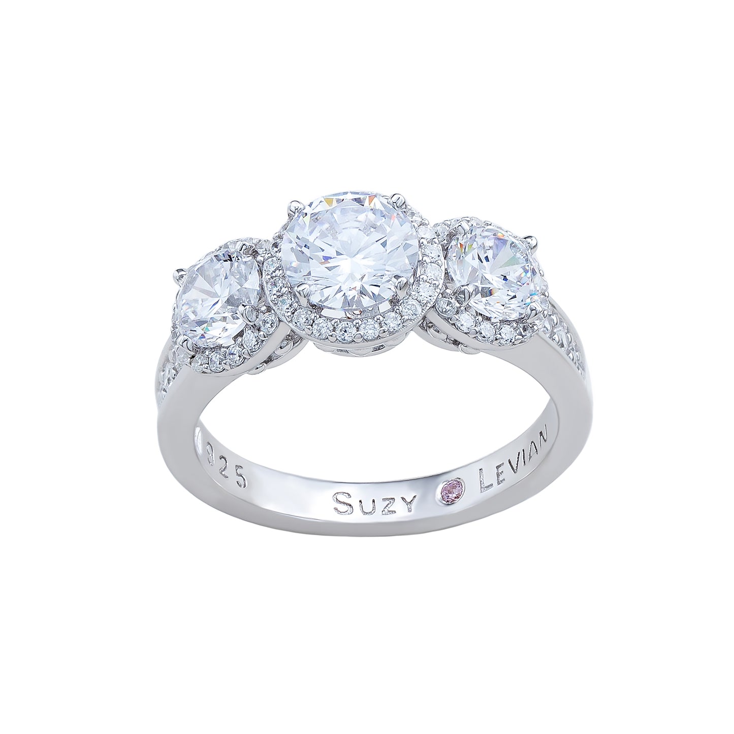 Suzy Levian Sterling Silver Cubic Zirconia White Three Stones Halo Engagement Ring