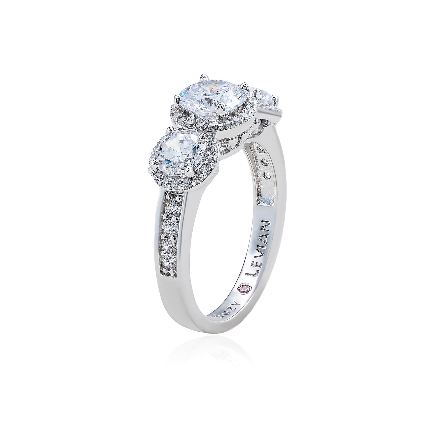 Suzy Levian Sterling Silver Cubic Zirconia White Three Stones Halo Engagement Ring