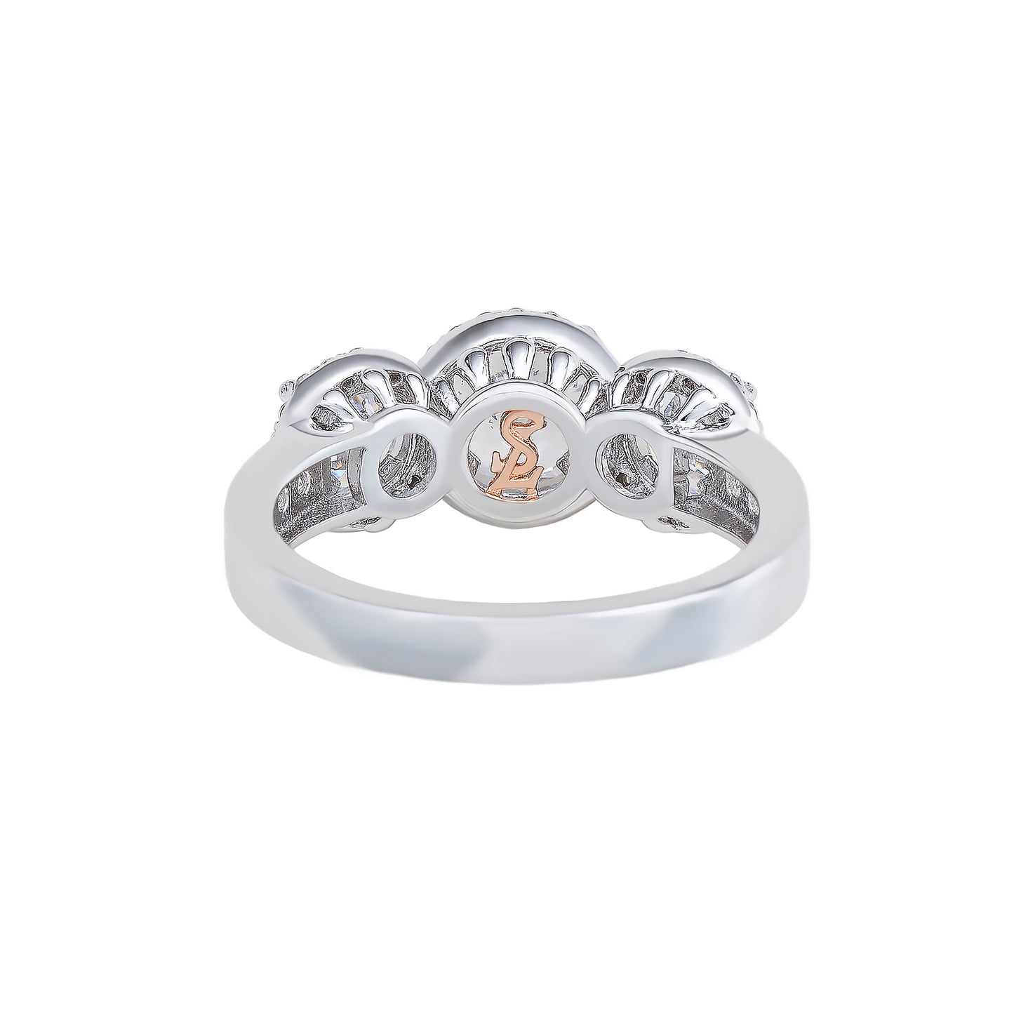 Suzy Levian Sterling Silver Cubic Zirconia White Three Stones Halo Engagement Ring
