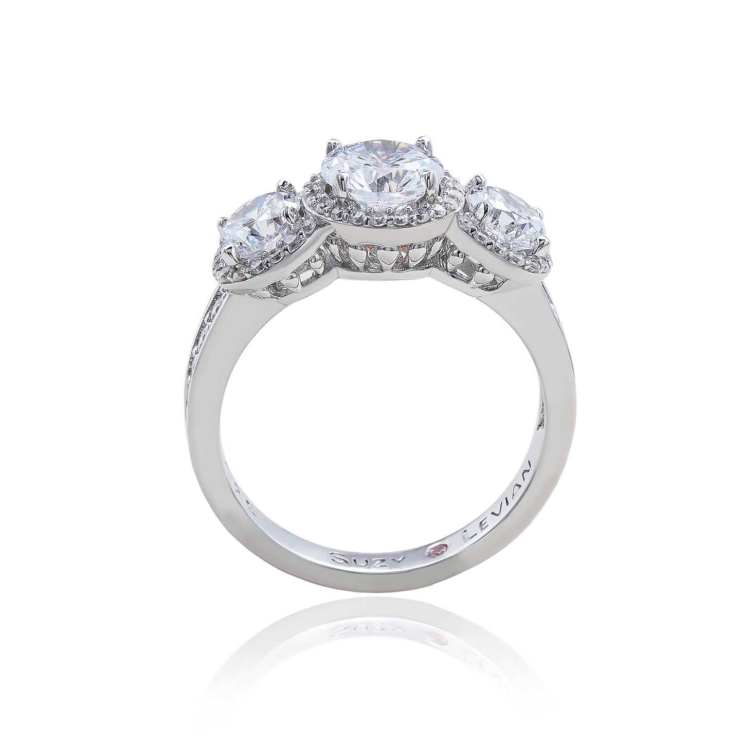 Suzy Levian Sterling Silver Cubic Zirconia White Three Stones Halo Engagement Ring