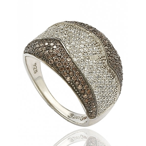 Suzy Levian Sterling Silver Brown and White Cubic Zirconia Anniversary Ring