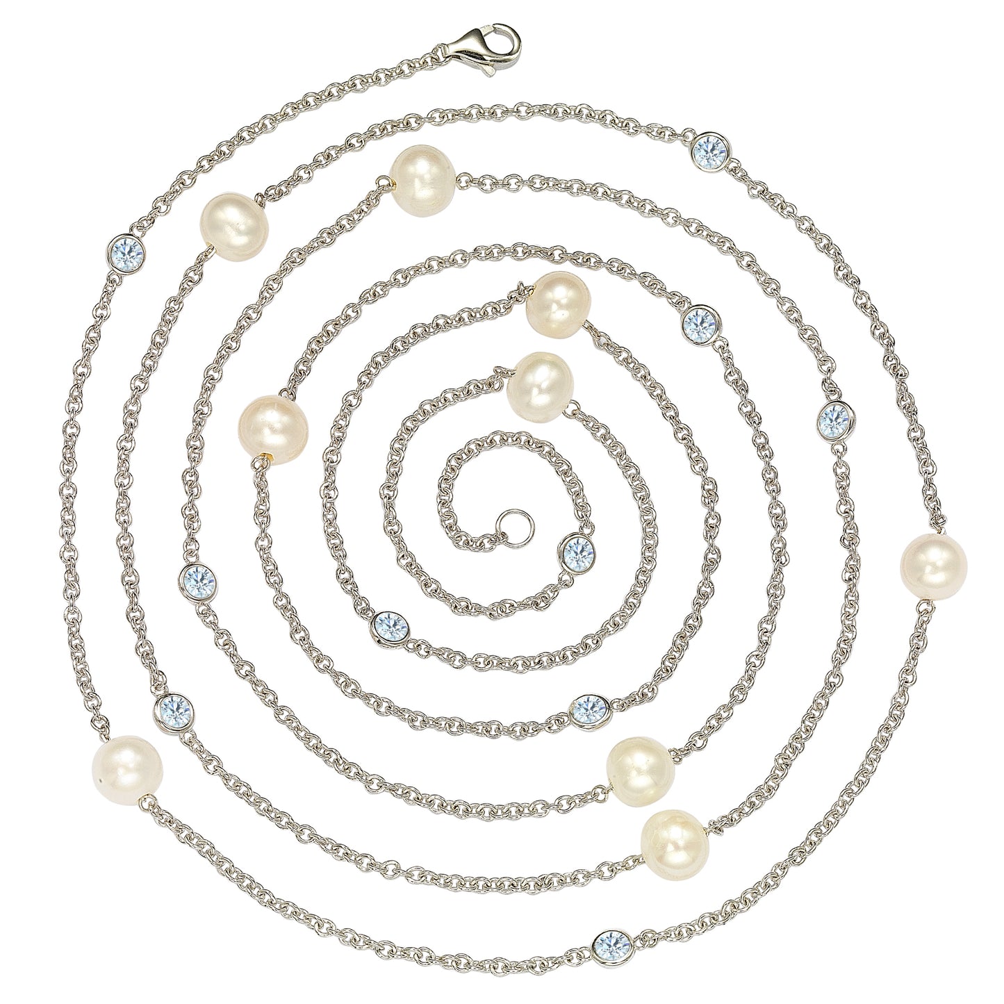 Suzy Levian Sterling Silver White Sapphire and Pearl By-the-Yard 46" Station Necklace