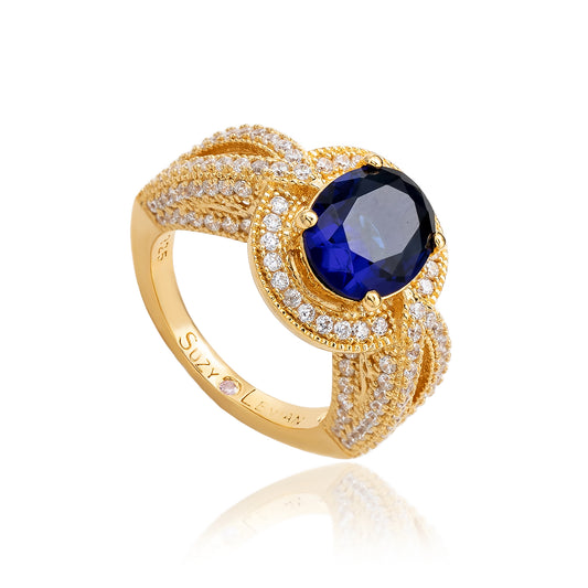 Suzy Levian Yellow Sterling Silver Oval-Cut Blue and White Cubic Zirconia Pave Ring