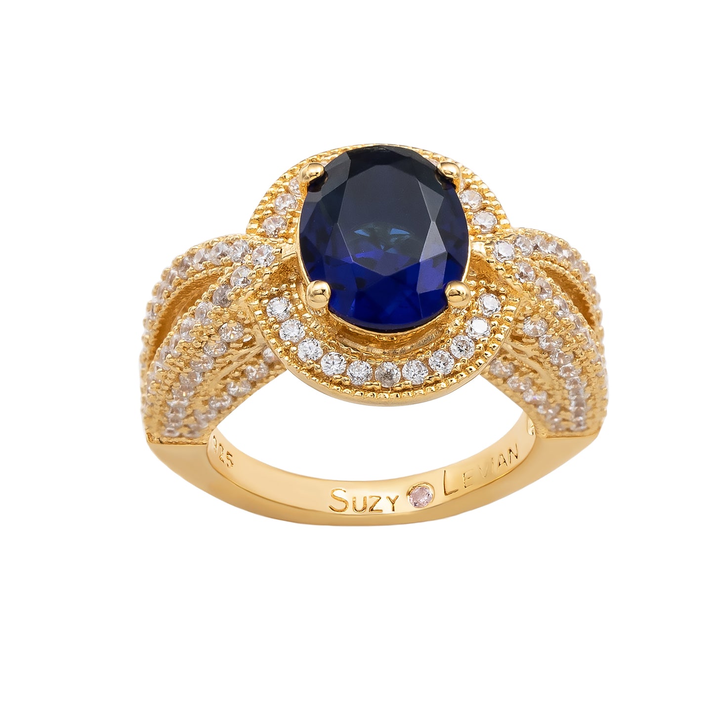 Suzy Levian Yellow Sterling Silver Oval-Cut Blue and White Cubic Zirconia Pave Ring