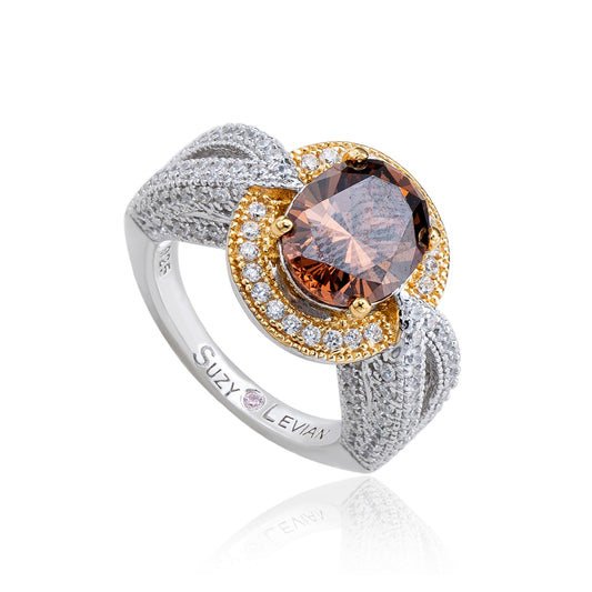 Suzy Levian Sterling Silver Oval-Cut Brown and White Cubic Zirconia Pave Ring