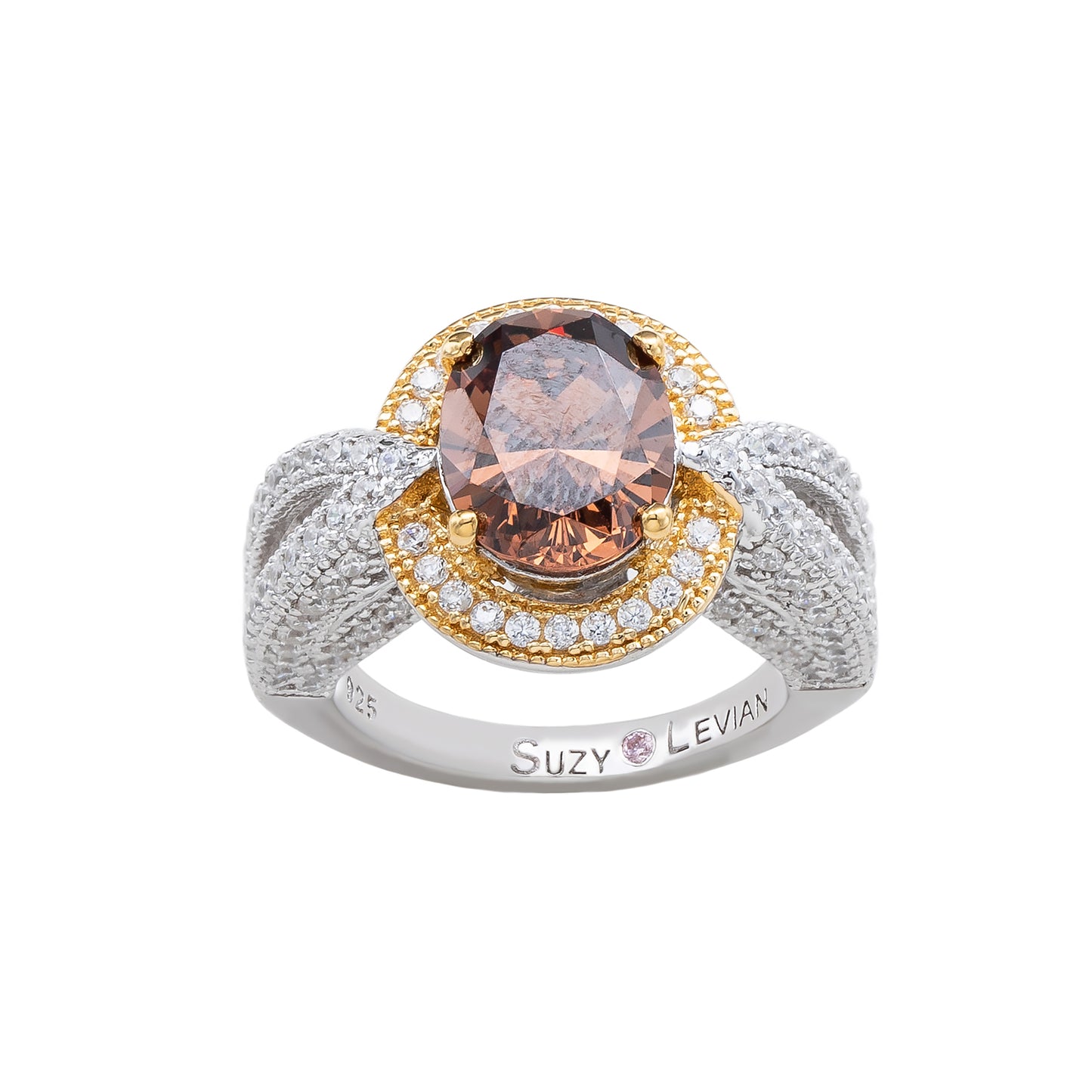 Suzy Levian Sterling Silver Oval-Cut Brown and White Cubic Zirconia Pave Ring