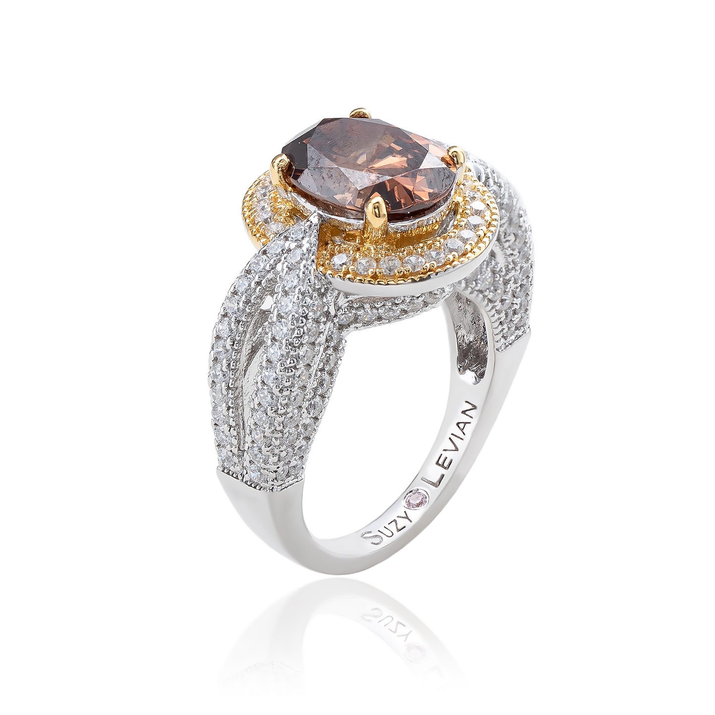 Suzy Levian Sterling Silver Oval-Cut Brown and White Cubic Zirconia Pave Ring