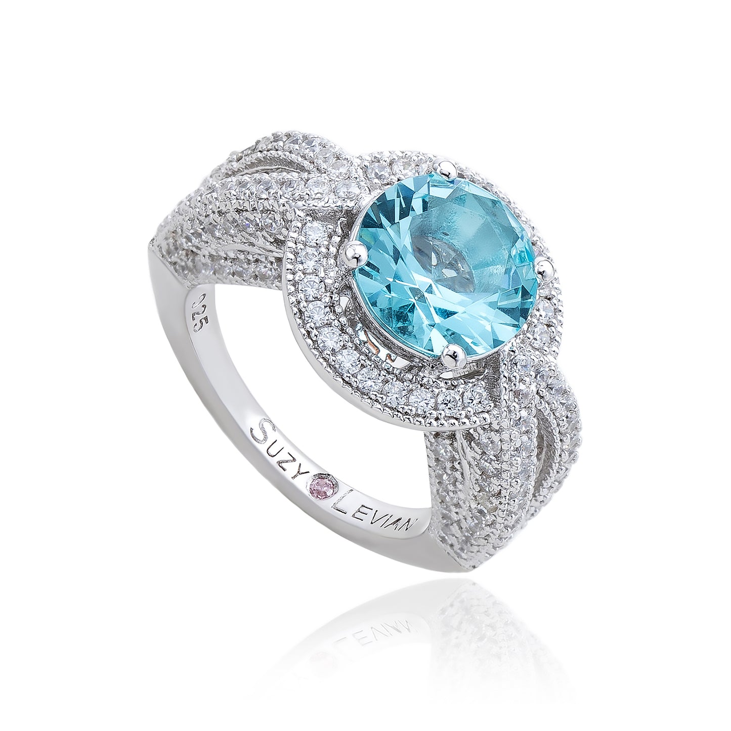 Suzy Levian Sterling Silver Round Aqua Cubic Zirconia Halo Pave Ring