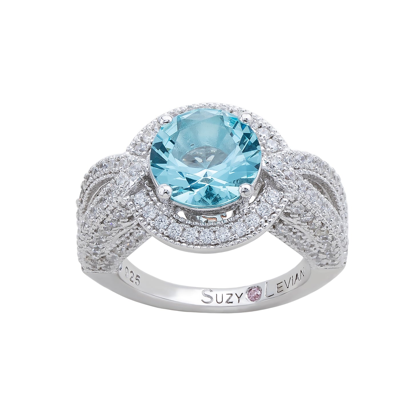 Suzy Levian Sterling Silver Round Aqua Cubic Zirconia Halo Pave Ring