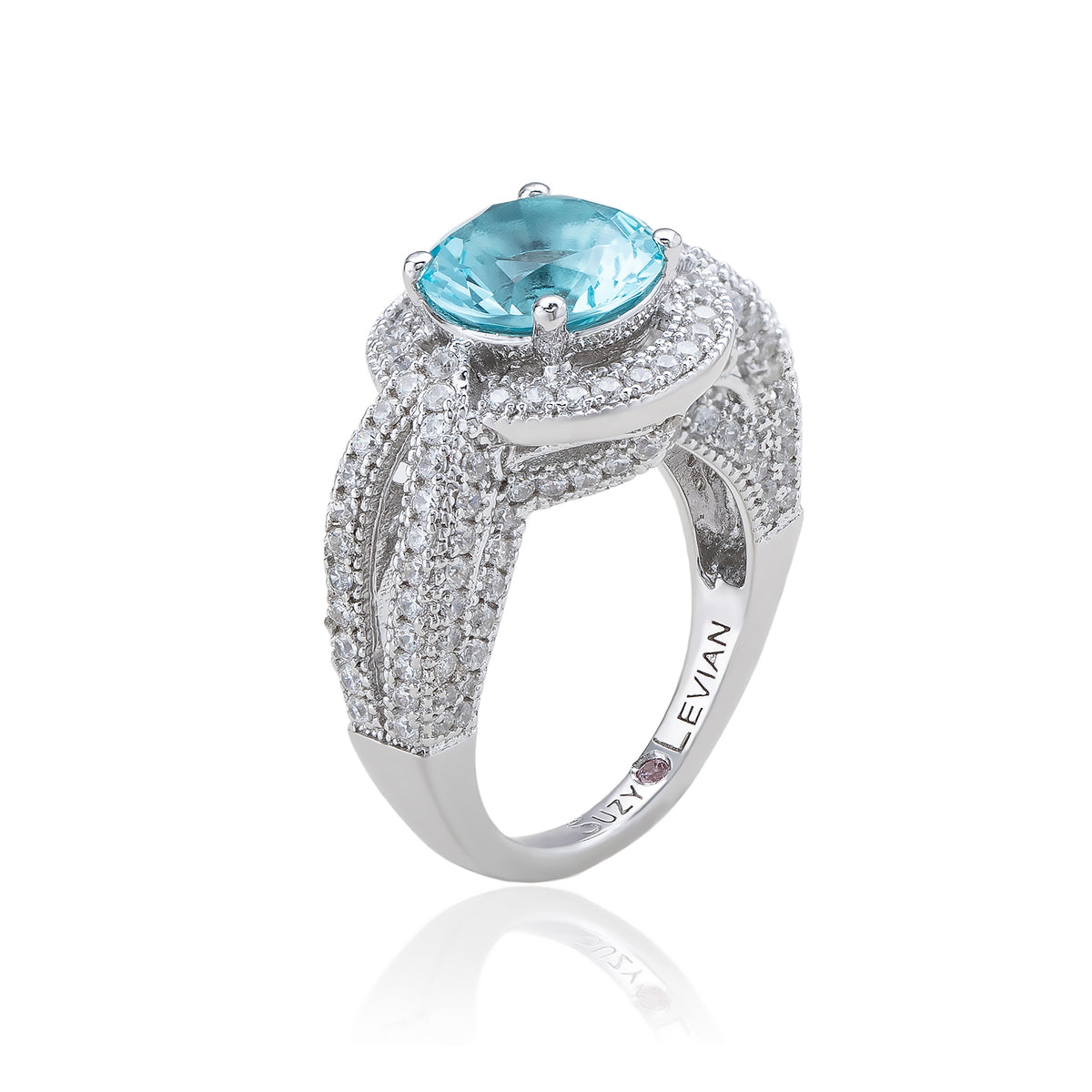 Suzy Levian Sterling Silver Round Aqua Cubic Zirconia Halo Pave Ring