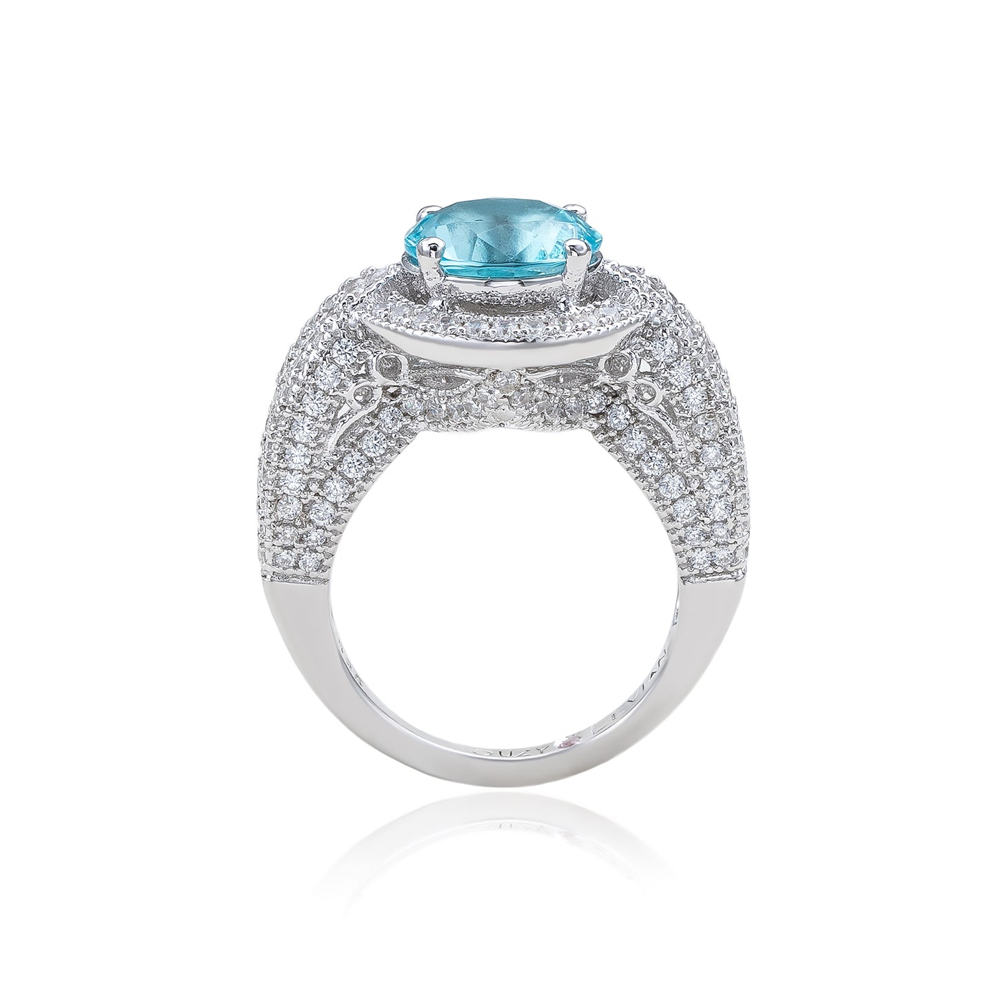 Suzy Levian Sterling Silver Round Aqua Cubic Zirconia Halo Pave Ring