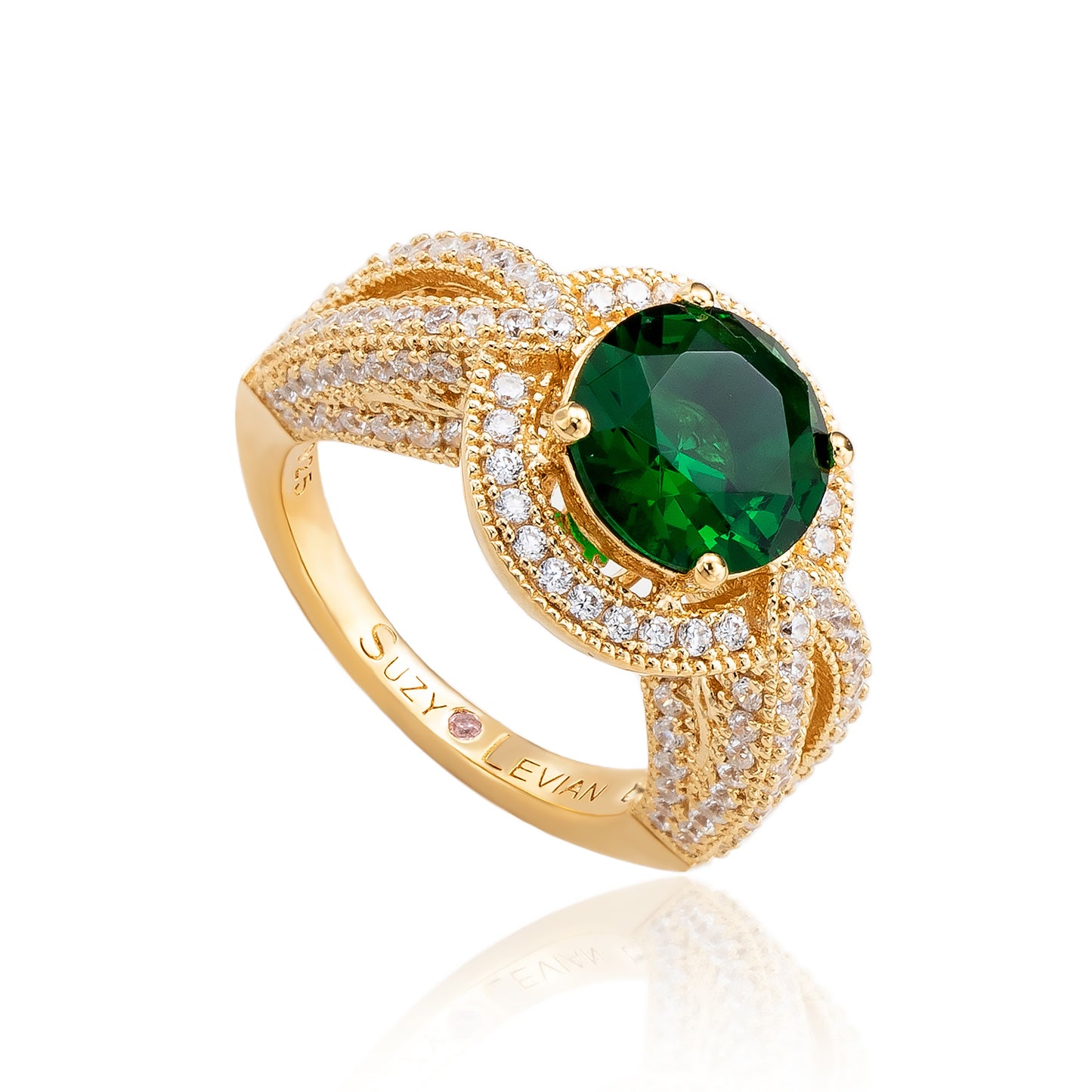Suzy Levian Yellow Sterling Silver Round Green Cubic Zirconia Halo Pave Ring
