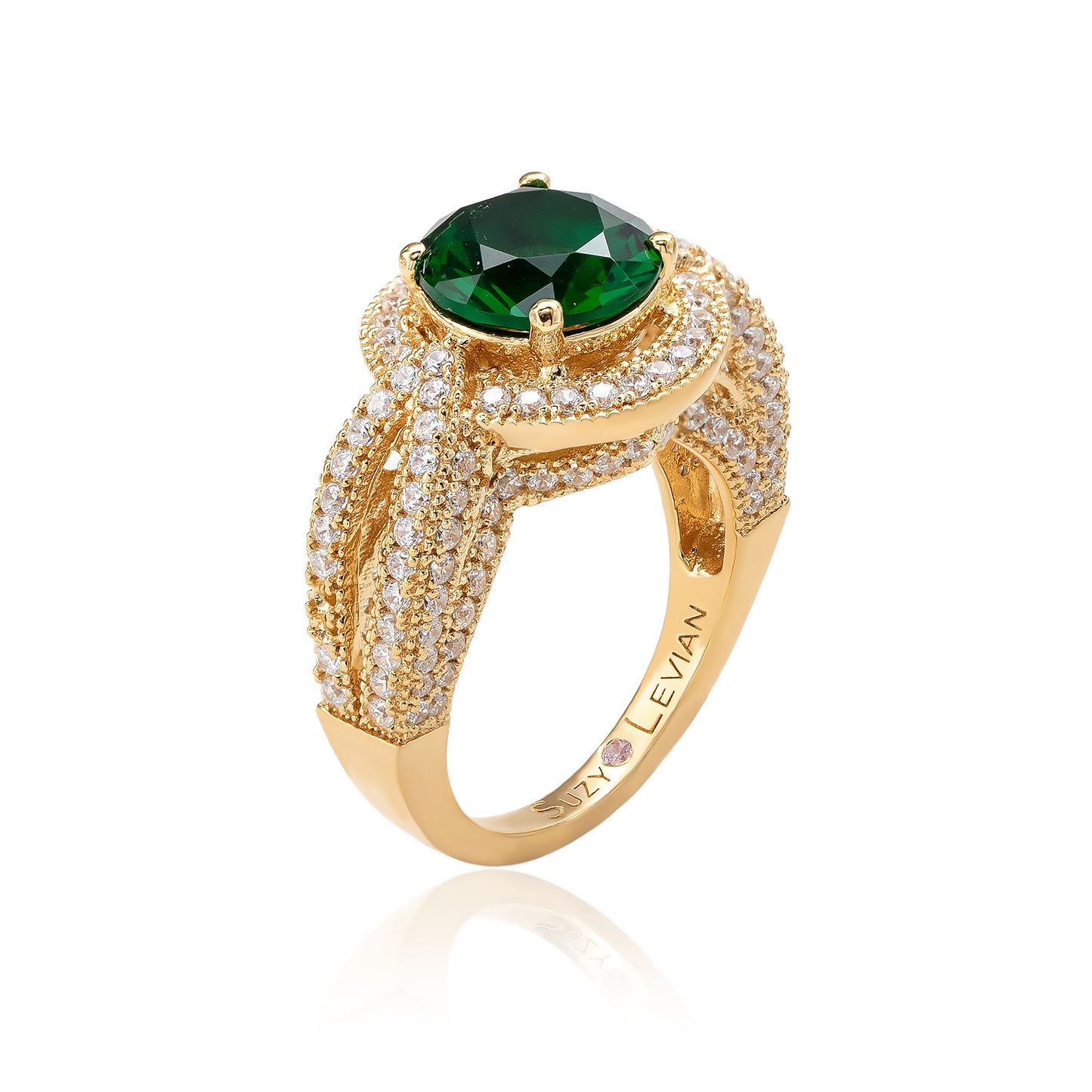 Suzy Levian Yellow Sterling Silver Round Green Cubic Zirconia Halo Pave Ring