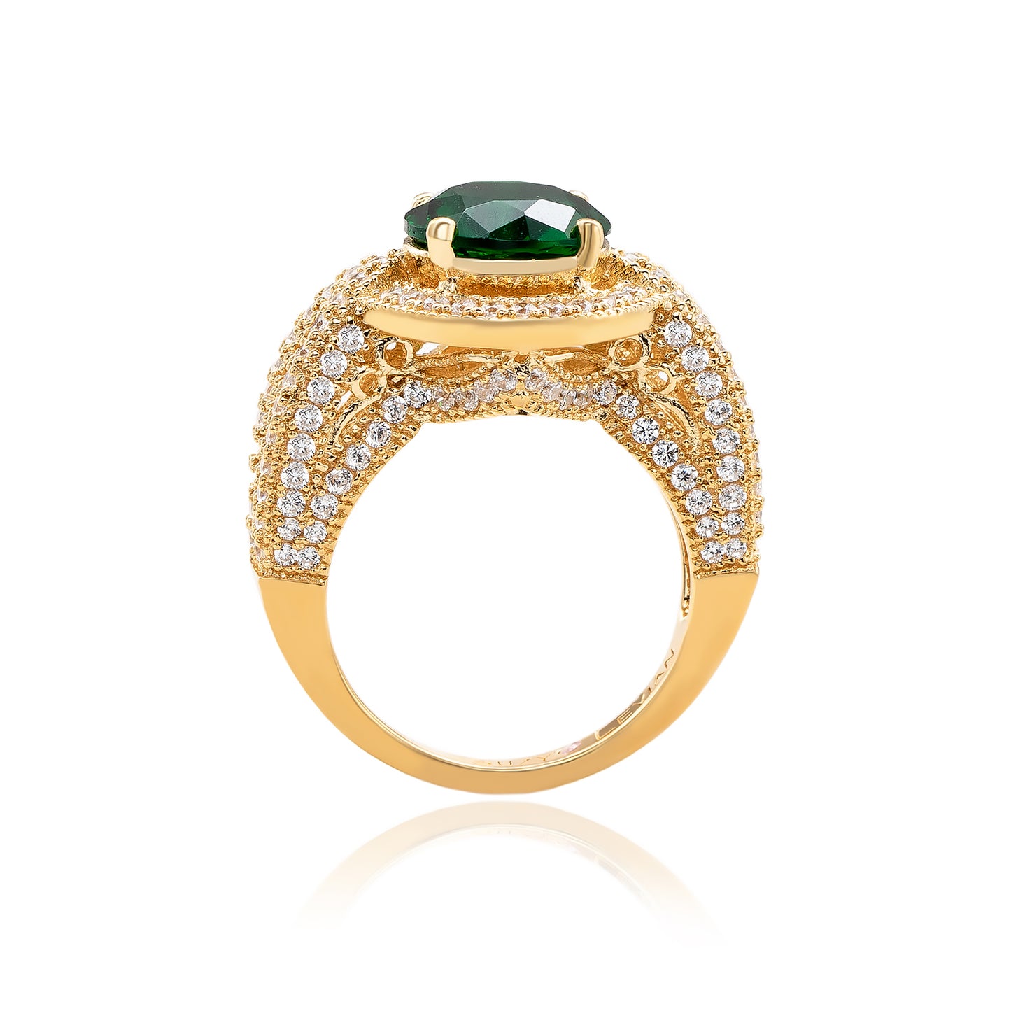Suzy Levian Yellow Sterling Silver Round Green Cubic Zirconia Halo Pave Ring