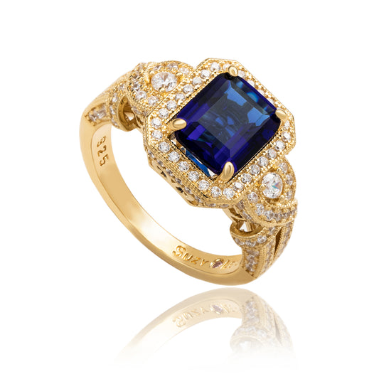 Suzy Levian Yellow Sterling Silver Emerald-Cut Blue and White Cubic Zirconia Pave Ring